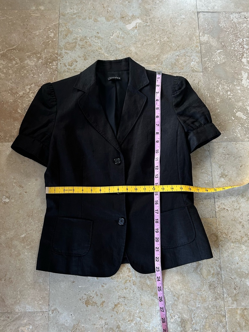 Tahari Black Short-Sleeve Tailored Blazer with Patch Pockets, Stitching Details - Picture 12 of 15